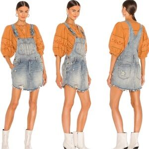 Free People Baxter Denim Jumper Grunge Blue Distressed Adjustable Overalls Sz M
